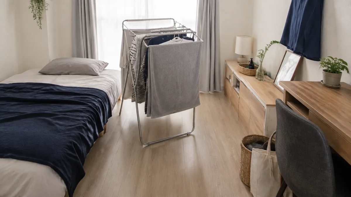 ベッドと家具の間で室内物干しを使っている部屋