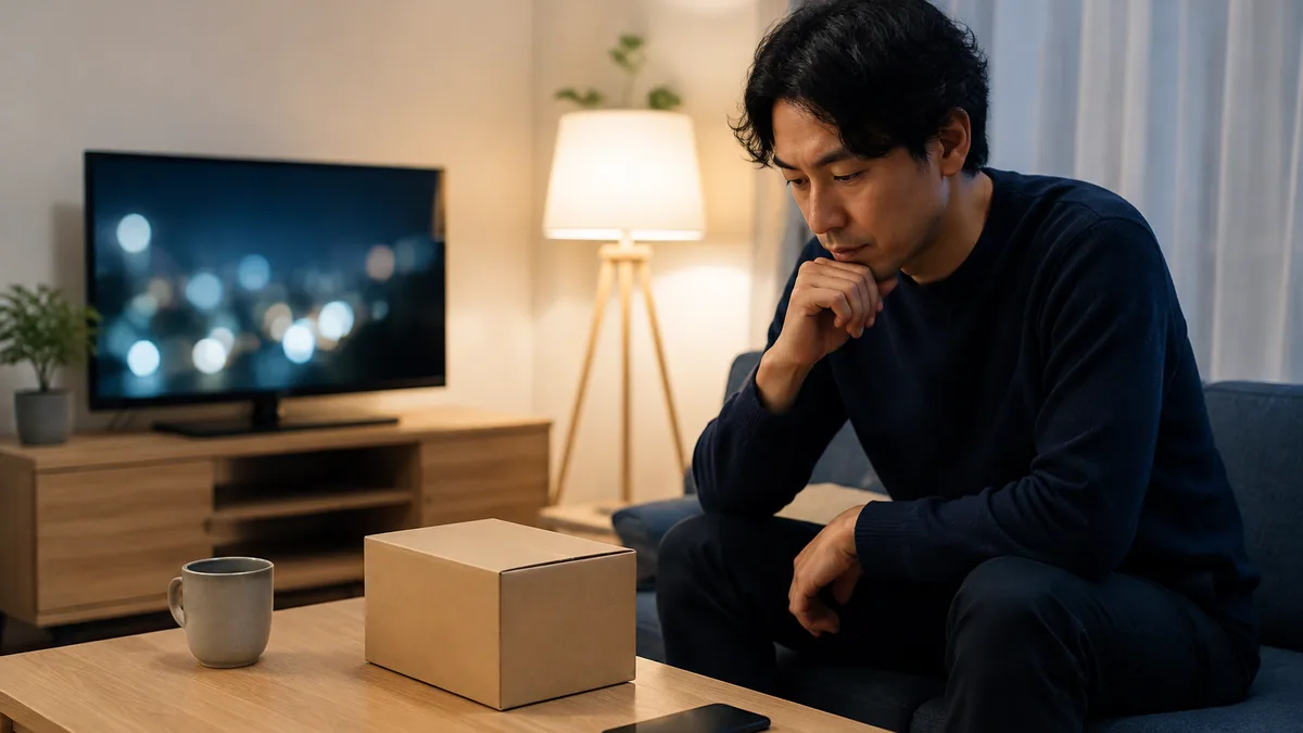 配送箱とテレビのある自宅で日常のサービスを考える様子