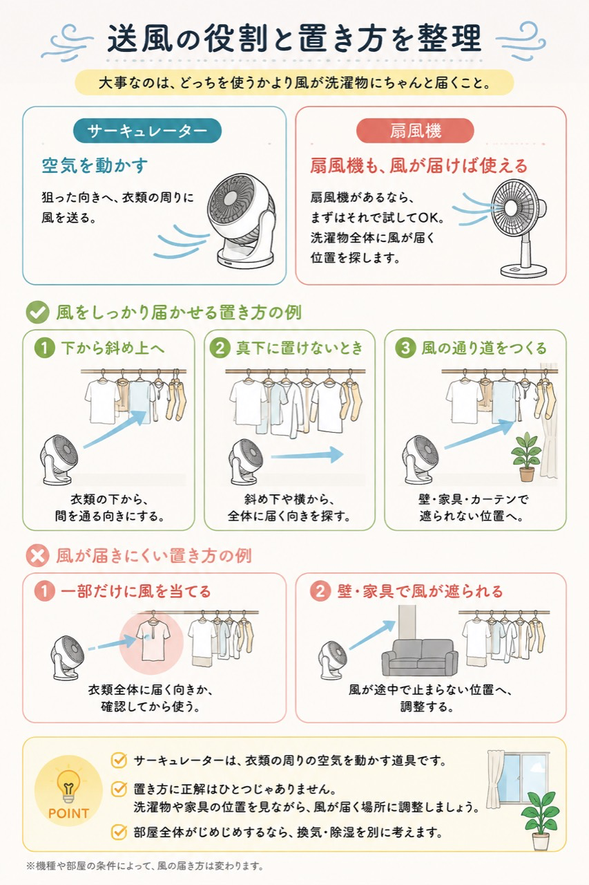 サーキュレーターと扇風機の役割、衣類へ風を届ける置き方、風が届きにくい置き方の例を整理した図解