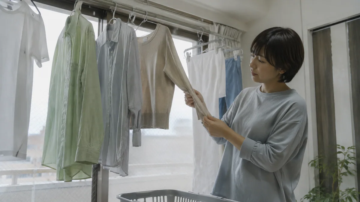 室内干しの洗濯物を確認する人