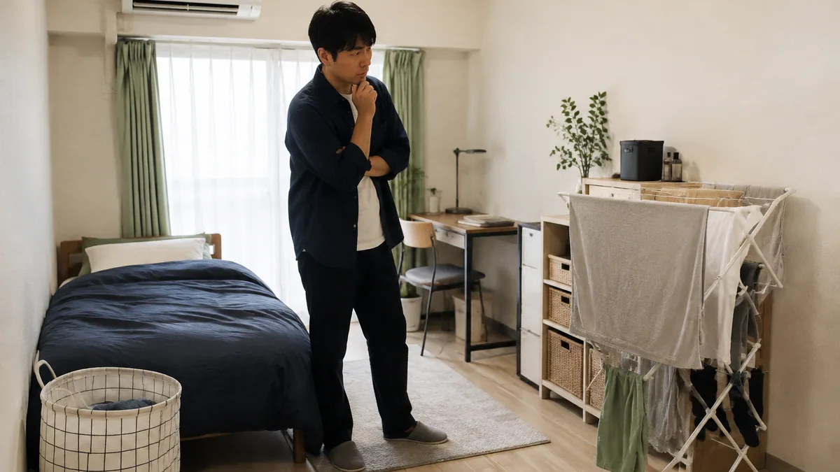 ベッドと家具のある一人暮らしの部屋で洗濯物を干す様子