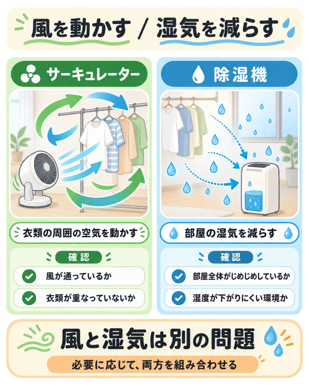 衣類の周りの空気を動かす送風と、室内の水分を減らす除湿の役割を比べる説明図