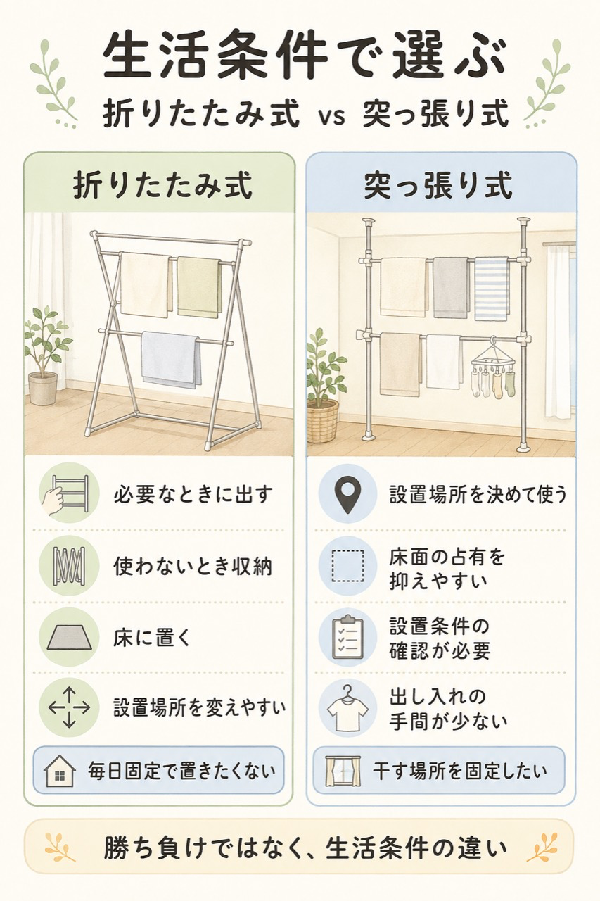 折りたたみ式と突っ張り式を、出し入れ・収納・設置条件などの生活条件で比べる説明図