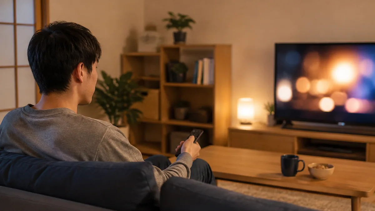 自宅のソファでテレビを見る夜の様子