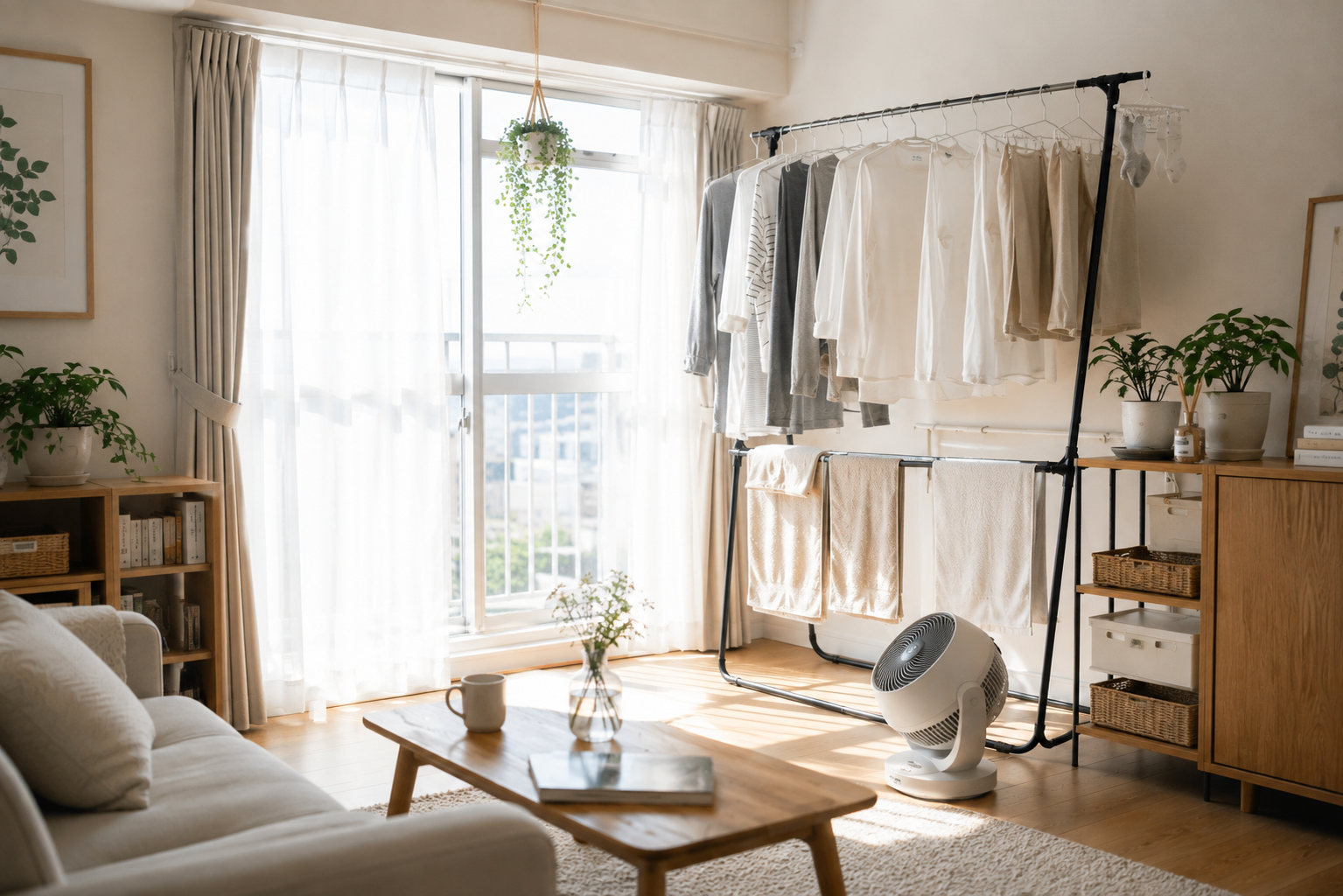 明るい部屋で衣類を室内干しし、サーキュレーターで風を送っている生活シーン
